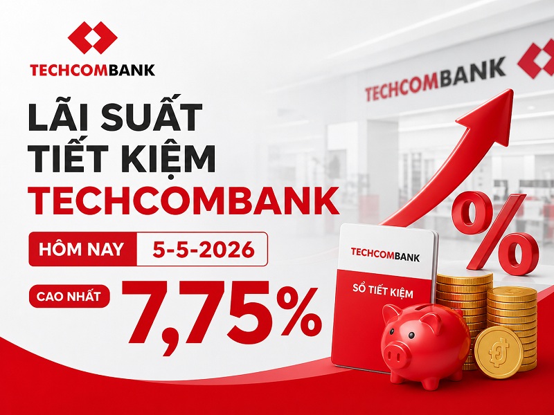 Lãi suất tiết kiệm Techcombank hôm nay 5-5-2026 cao nhất 7,75%